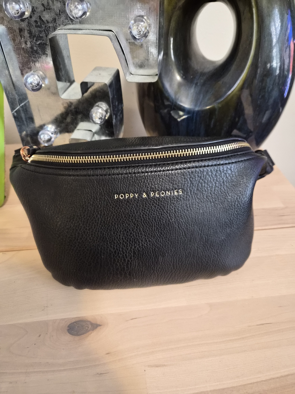Poppy & Peonies Black Leather Belt Bag